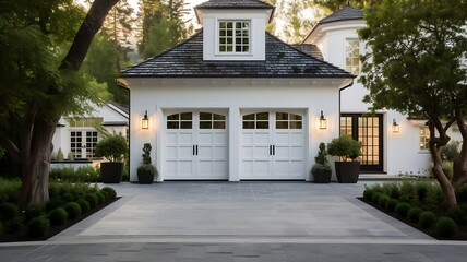 White villa exterior with garden and wooden door. Northwest, USA