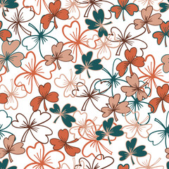 Clover leaves. Hand-drawn graphics. Color seamless patterns for fabric and packaging design.