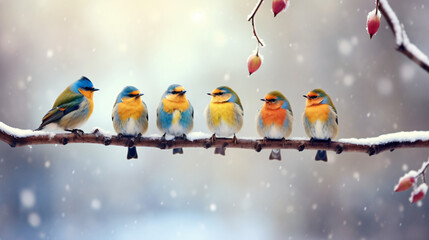 Winter postcard a row of colorful little birds