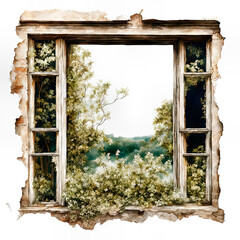 An antique Window In An Abandoned House in the style of a vintage illustration