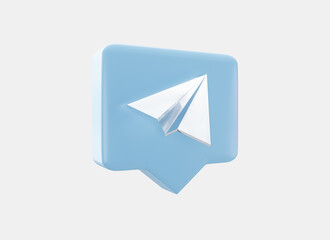 Speech bubble with Paper airplane icon in crystal glass style 3d render. Email delivery.  Send message. Online business marketing. Subscribe to newsletter.