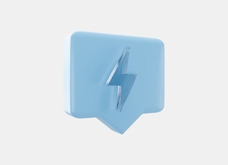 Speech bubble with lightning bolt icon in crystal glass style 3d render. Thunder, symbol of energy, danger and power. Electrical discharge. 3d lightning strike.