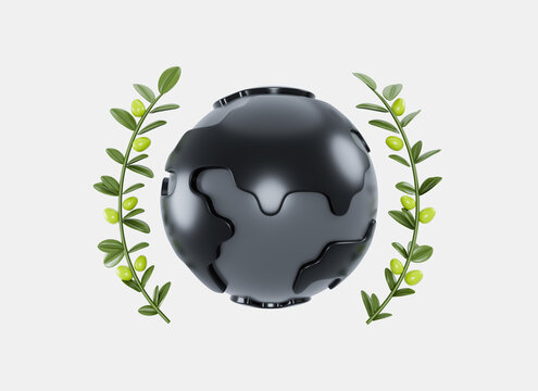 Planet Earth with olive branch 3d render isolated. Symbol of peace. A protest against war and violence