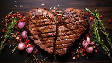 Heart shape grilled beef steaks