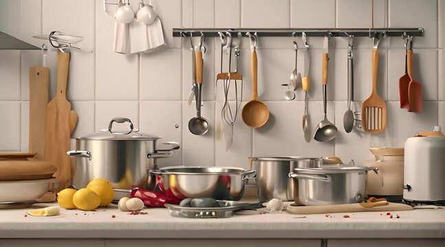 Stylish comfortable kitchen interior with many tools for cooking. AI generated content. Working space in kitchen with utensil. clean and ready to use kitchen utensils in private kitchen, Metal, wooden