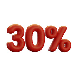 3d render red foil balloon of number 30 percent. Transparent background