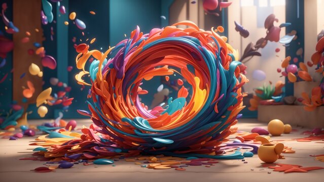 3d render, abstract background with colorful confetti and ribbons