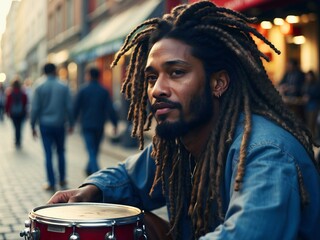 African American Street musician drummer with dreadlocks performing on bongo drum in city streets,...
