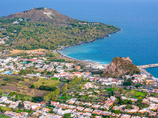 Fototapeta na wymiar Aerial View of Volcano Island. Vulcano Port. Lipari Eolie Islands, Tyrrhenian Sea. Sicily, Italy.