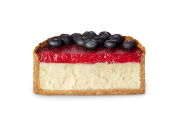 Half of Classic New York cheesecake with strawberry jam decorated with blueberries close up isolated on white or transparent png