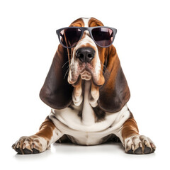 Photo of dog using cool sunglasses white background