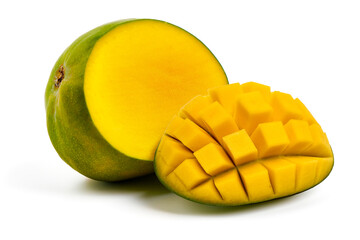 Mango with slice, tropical fruit, isolated on white background. High resolution image.
