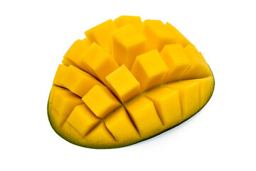 Beautifully sliced mango, tropical fruit, isolated on white background. High resolution image.