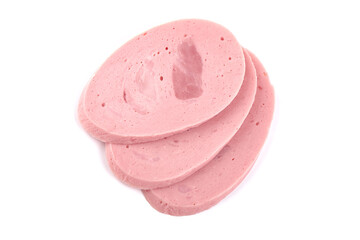 Boiled ham sausage slices, isolated on white background.