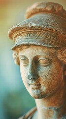Fototapeta na wymiar Ancient Greek goddess statue wearing snapback cap blurred background