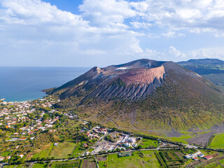 Aerial View of Volcano Island. Vulcano crater with fumaroles. Lipari Eolie Islands, Tyrrhenian Sea. Sicily, Italy.