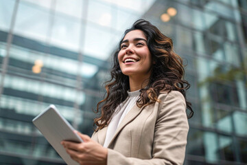 Fototapeta premium Business, communication, technology and people concept - young smiling businesswoman with laptop in the street with office buildings in the background, summer day