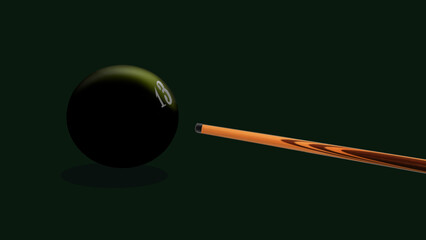 Black ball with number 13. Attributes for playing billiards, ball and cue.