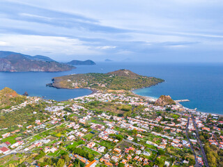 Fototapeta na wymiar Aerial View of Volcano Island. Vulcano Port. Lipari Eolie Islands, Tyrrhenian Sea. Sicily, Italy.