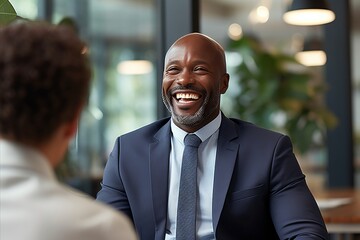 Black man at job interview with copy space, diversity in employment concept
