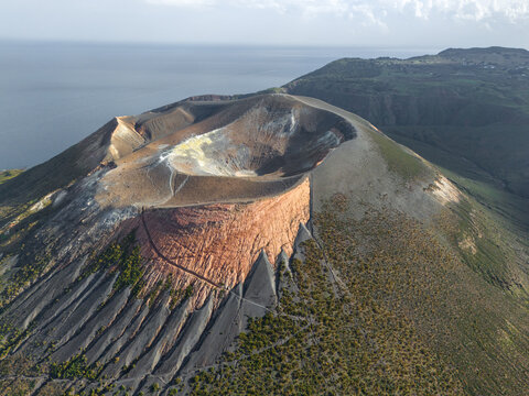 Aerial View of Volcano Island. Vulcano crater with fumaroles. Lipari Eolie Islands, Tyrrhenian Sea. Sicily, Italy.