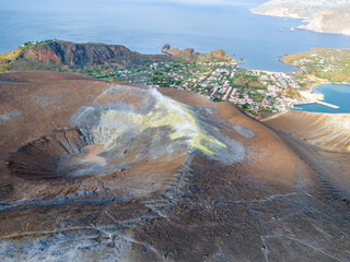 Aerial View of Volcano Island. Vulcano crater with fumaroles. Lipari Eolie Islands, Tyrrhenian Sea....