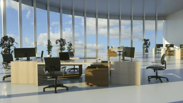 Interior of a business office on a sunny day, 3D animation