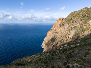 Aerial View of Salina Island. City of  Santa Marina Salina. Lipari Eolie Islands,Tyrrhenian Sea. Sicily, Italy.