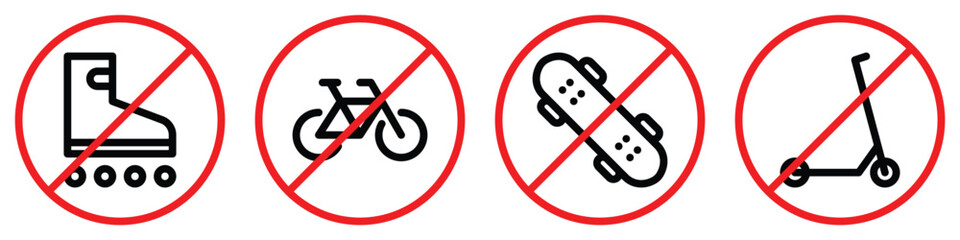 Set of prohibition line signs. No roller skates, bicycle, skateboard, kick scooter outline icons isolated on white background. Editable stroke. Vector graphics