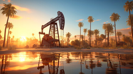 Oil drilling rigs in an oil field in the desert. Extracting oil from the ground. Oilfield services contractor. Oil drilling rig. Oil production, natural gas, liquids. - obrazy, fototapety, plakaty