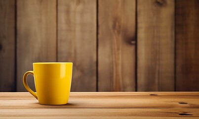 Yellow coffee mug on wooden table - Powered by Adobe