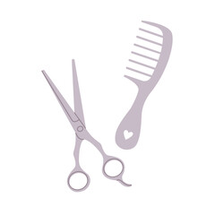 Metal scissors and silver comb set on white background. Barber tools