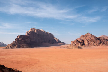 Fototapeta na wymiar The red desert plain in Wadi Rum Jordan
