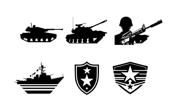 military or army silhouettes and logo icons set , military tanks and  weapons , military emblem logos