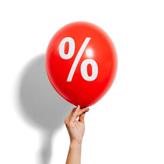 Graphic element for discount or offer promotion and banner creation, hand holding a balloon with so much percentage discount, with transparent background and shadow