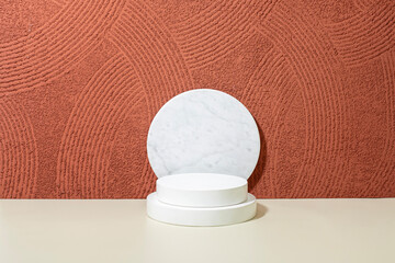 Chinese new year cylinder podium Red abstract background texture, product pedestal stage display on...