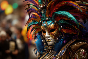 Close-up of an ornate Venetian carnival mask adorned with vibrant exotic feathers and intricate beadwork, embodying the festivitys spirit.Mardi Gras.