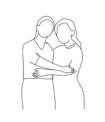 Line art of female friends shows love and support to their friendship with a side hug. embrace together pride month women's day.