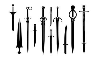 different timeless swords silhouettes or detailed vectors set