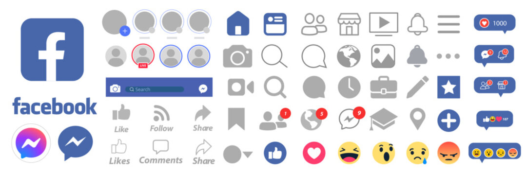 Set facebook screen social media and social network interface template. Ui elements, chats , logos, icons, dialogues. Editorial vector illustration.