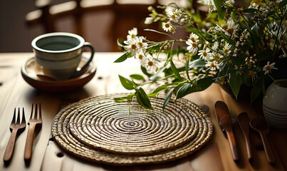 Elegant natural table setting with a woven placemat, delicate flowers, wooden cutlery, and a simple ceramic cup, symbolizing eco-friendly and sustainable dining