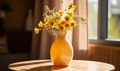 Warm Sunlight Illuminating a Yellow Vase with Fresh Flowers on a Wooden Table, Creating a Cozy, Inviting Home Interior Atmosphere