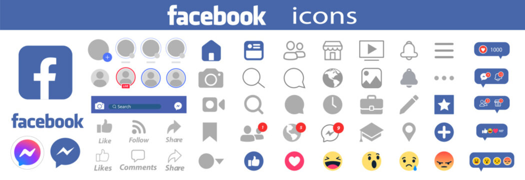 Facebook mockup set. Stories, liked, posts, photo, messenger, friends, chats and more. Editorial vector illustration