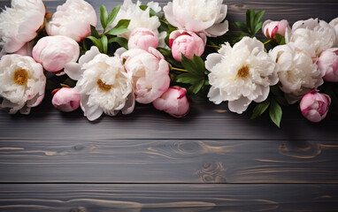 Elegant white and pink peonies spread across a wooden surface, creating a beautiful floral border with vibrant green leaves and a rustic charm