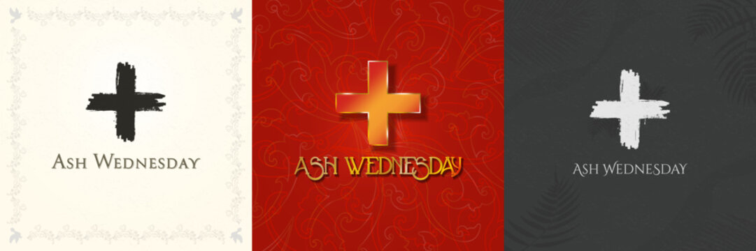 Set of Ash Wednesday Greeting Card Posters. Black and white cross made from ash on simple colored backgrounds. Golden red and gold Cross with elegant ash Wednesday typographic design. Vector.