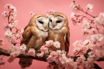 Obraz premium Two cute owls sitting on a tree branch with pink cherry blossoms on a pink background. Valentine's Day, Spring concept. For card, postcard, poster, banner.