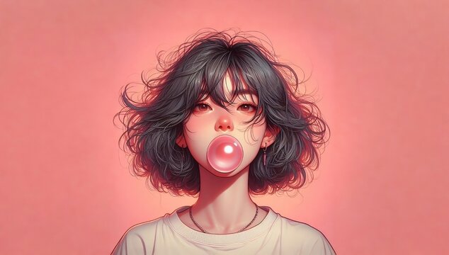 Toon girl with black hair blowing bubble gum, pink background
