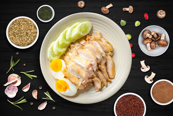 The photo of Thai food with sauce, herb, flavor on the dark wood table background