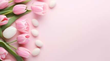 Flat lay top view of tulips and eggs on a pastel pink background with a copy space. Spring mock up, overhead, template, Easter, flowers concepts.