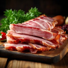 Bacon on a wooden background. Selective focus.